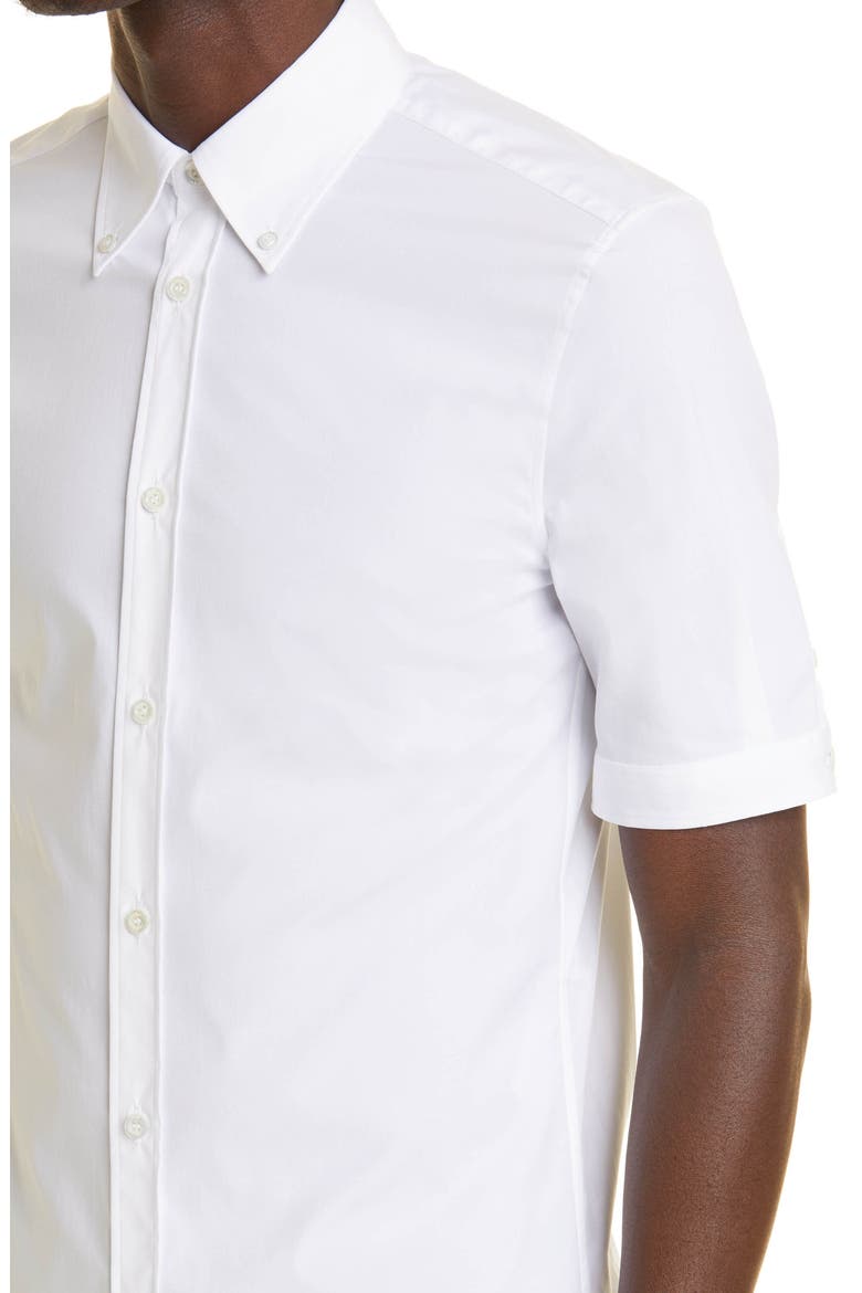 Alexander McQueen Short Sleeve Cotton Stretch Poplin Button-Down Shirt, Alternate, color, WHITE