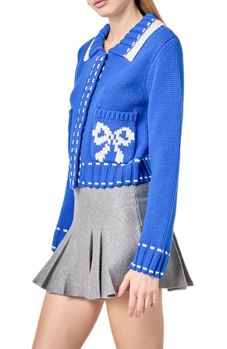 English Factory Bow Cardigan, Alternate, color, Blue/ White