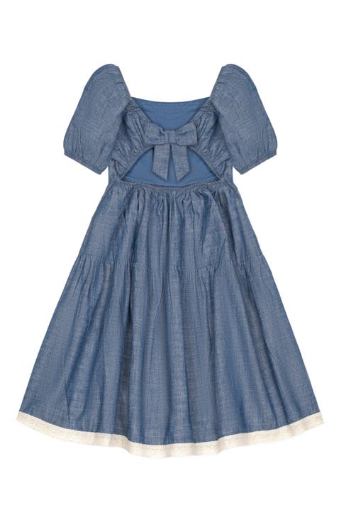 Girls' Organic Crochet Trim Chambray Dress, Toddler