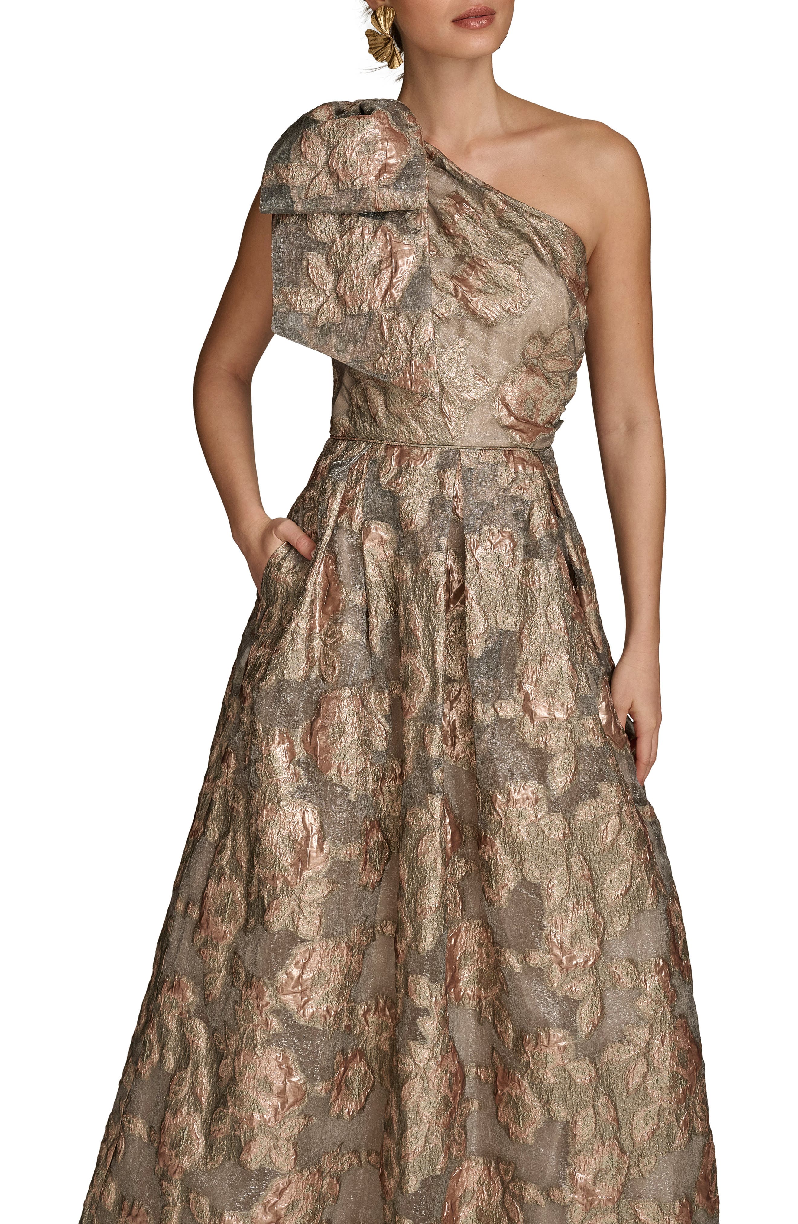 donna karan metallic dress One-Shoulder Metallic Jacquard Gown (Women)