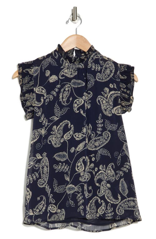T Tahari Ruffle Cap Sleeve Top In Deep Navy/white Paisley