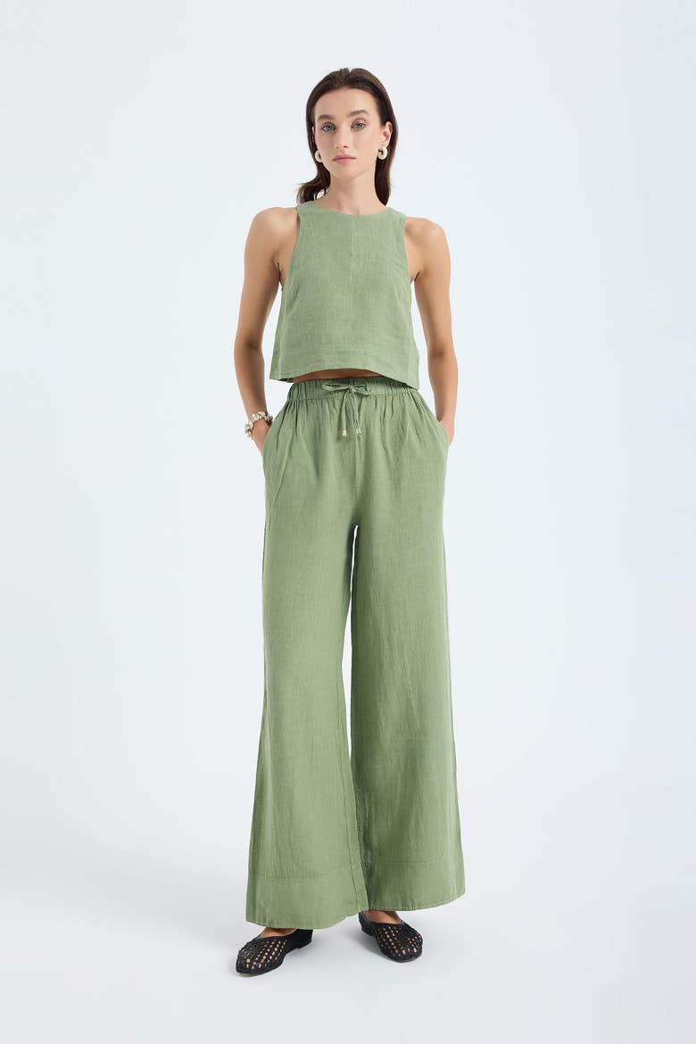 Ciel 100% Linen High-Waist Wide-Leg Pants, Alternate, color, Green