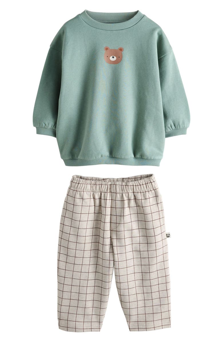 NEXT Kids' Bear Graphic Sweatshirt & Check Sweatpants Set, Main, color, Blue