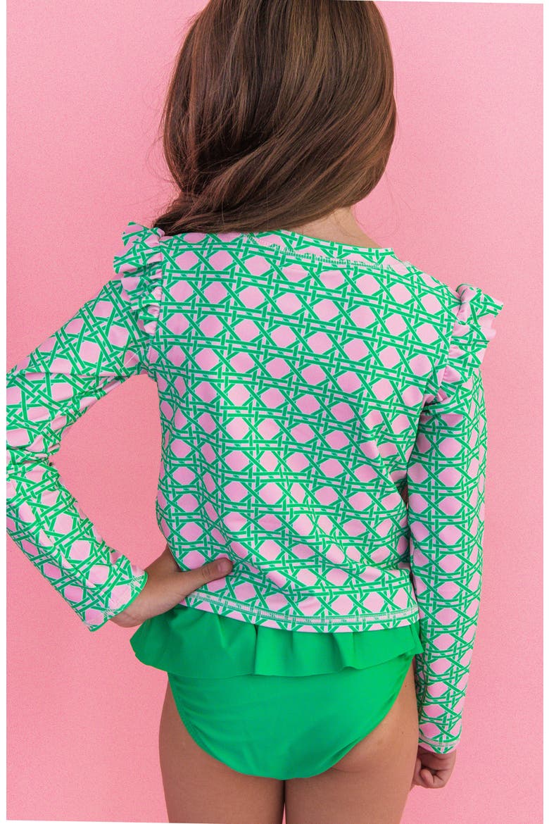 Kids' Coastal Cane Ruffle Long Sleeve Two-Piece Rashguard Swimsuit, Alternate, color, GREEN