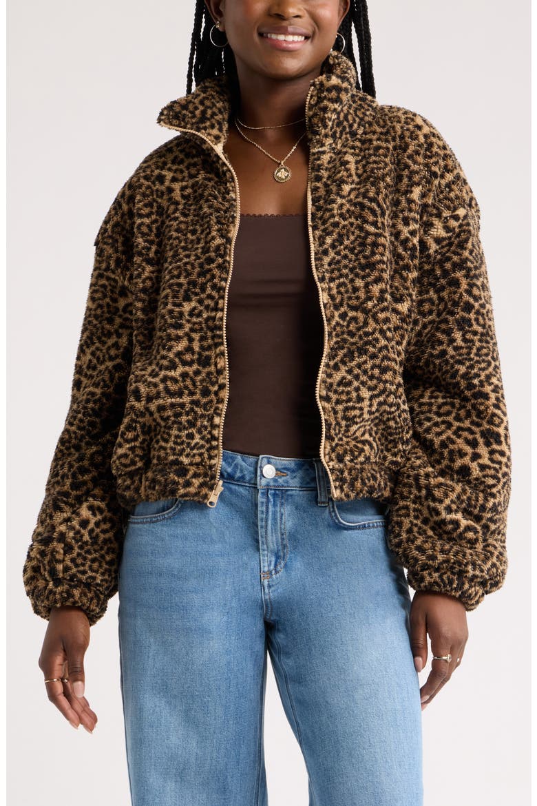 Print Fleece Zip Jacket, Main, color, TAN- BLACK PATTY LEOPARD