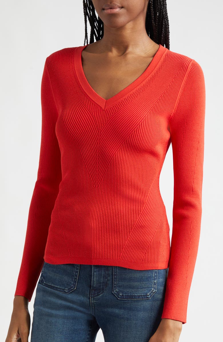 Veronica Beard Callie V-Neck Sweater, Alternate, color, Poppy