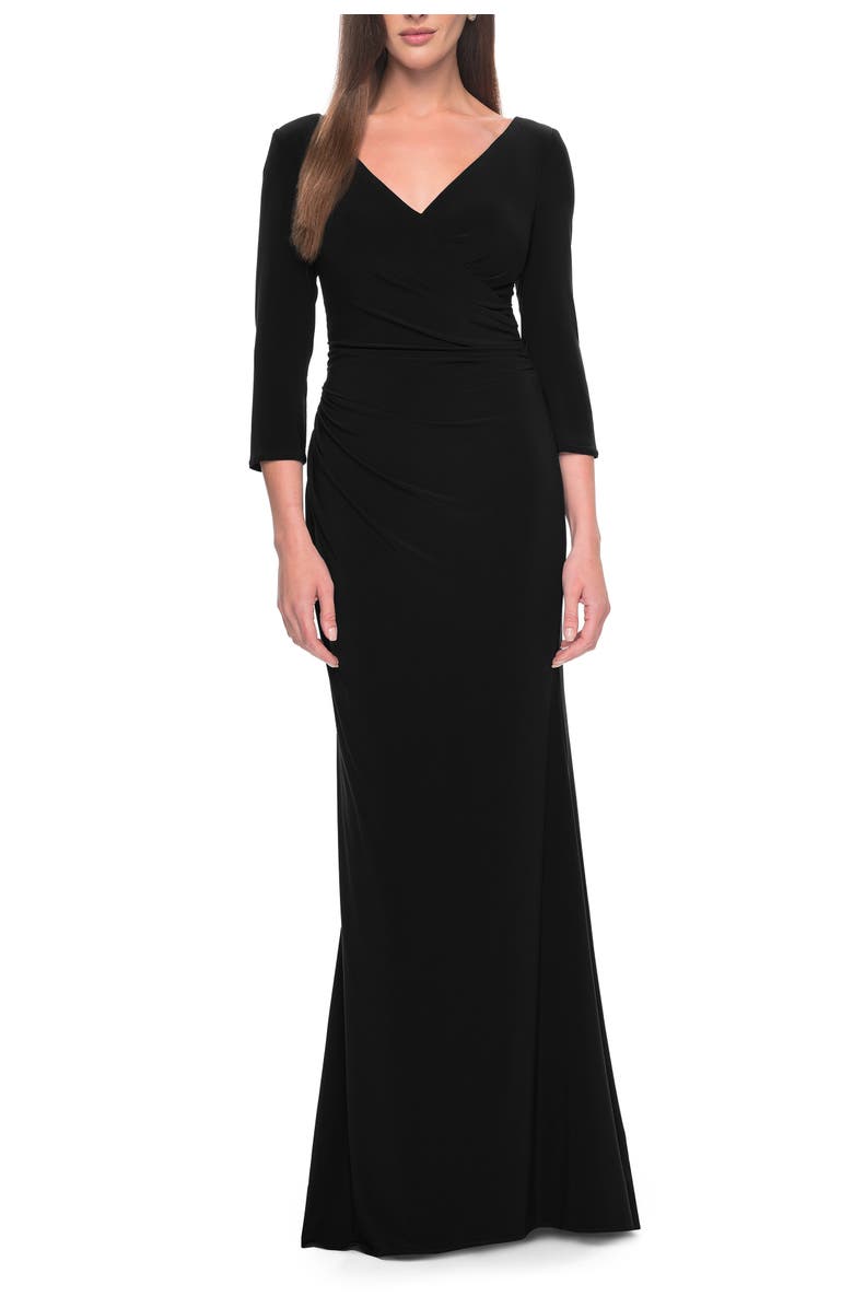La Femme Long Evening Dress with Wrap Style Neckline, Main, color, Black