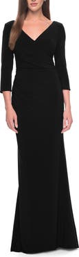 La Femme Long Evening Dress with Wrap Style Neckline