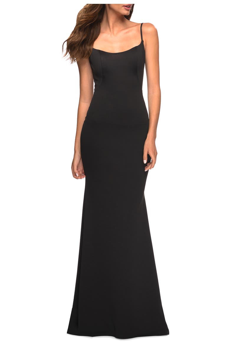 La Femme Simple Elegant Long Jersey Dress with Scoop Neck, Alternate, color, Black