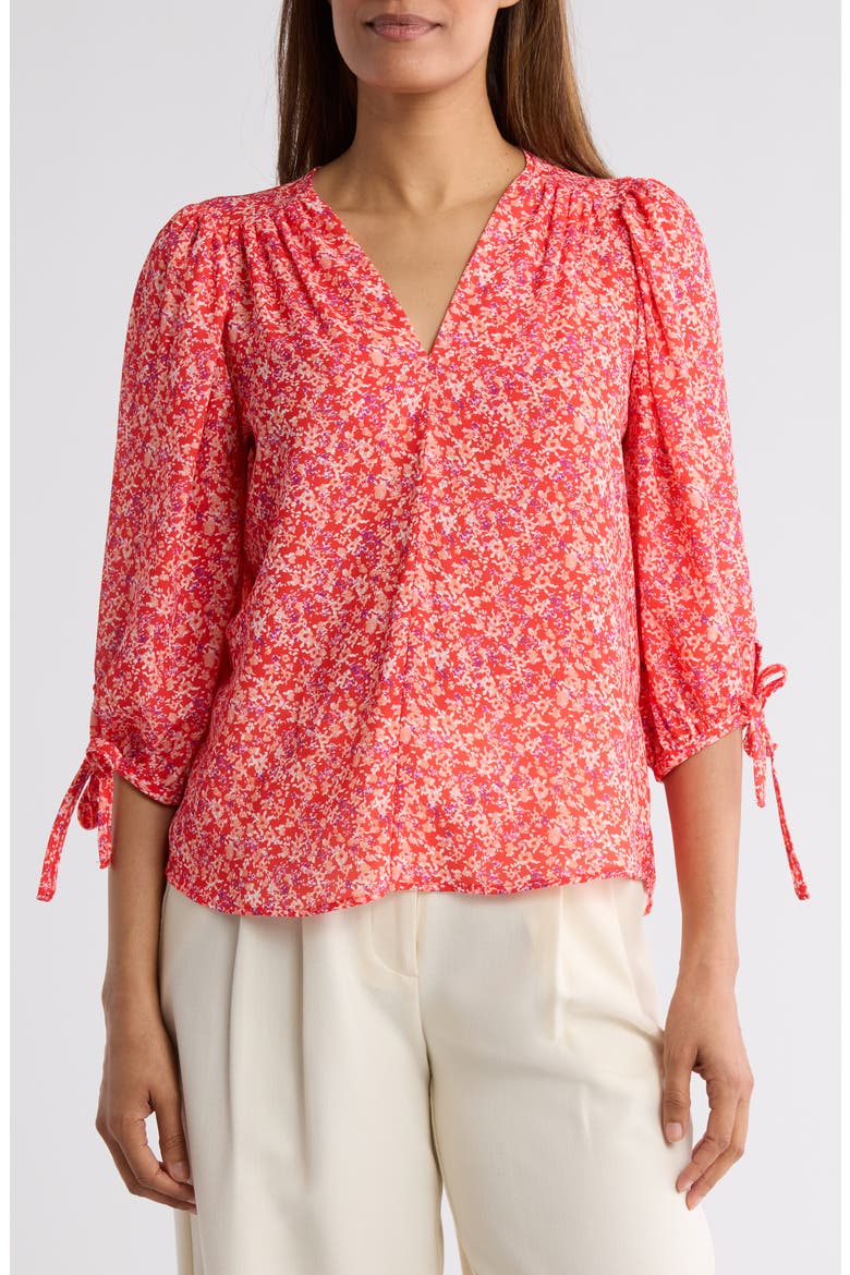 Ditsy Floral V-Neck Long Sleeve Top, Main, color, RED