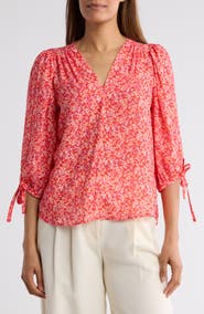 Renee C Ditsy Floral V-Neck Long Sleeve Top