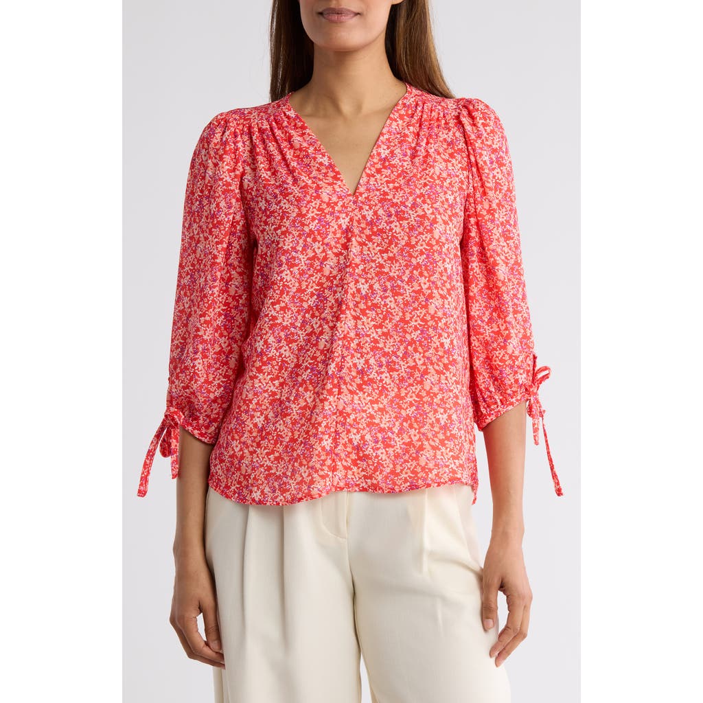Renee C Ditsy Floral V-neck Long Sleeve Top In Red