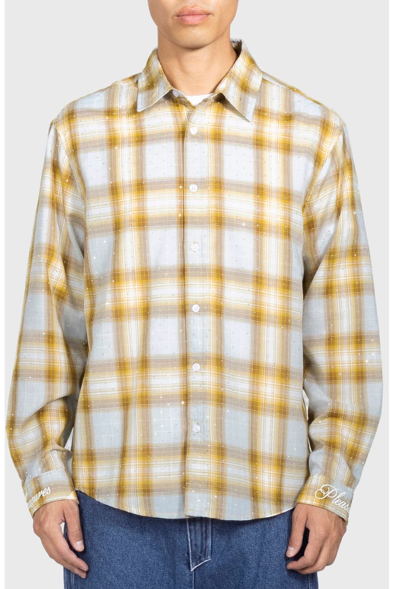 Dizzle Plaid Crystal Embellished Button-Up Shirt, Main, color, DIJON