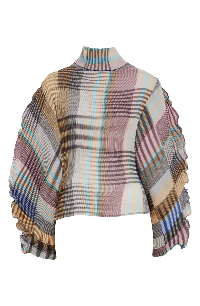 Julia Heuer Morena Check Plissé Pleated Bishop Sleeve Top, Alternate, color,
