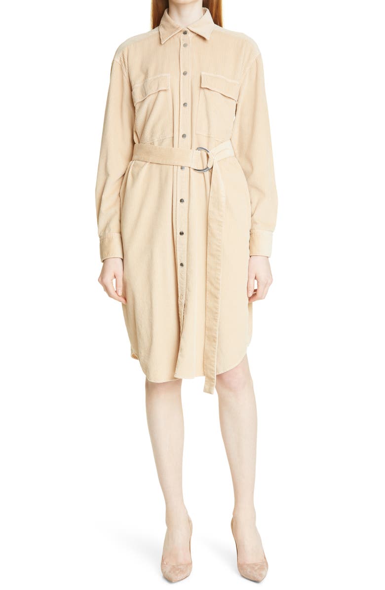 BOSS Desterig Belted Long Sleeve Corduroy Shirtdress, Main, color, Light Camel