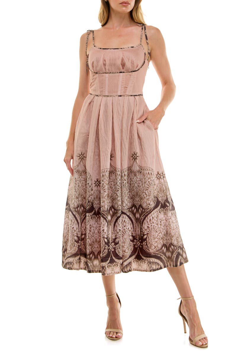 Socialite Corset Midi Sundress, Main, color, Peach/ Brown