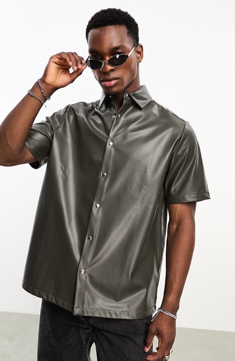 ASOS DESIGN Boxy Short Sleeve Faux Leather Shirt, Main, color, 