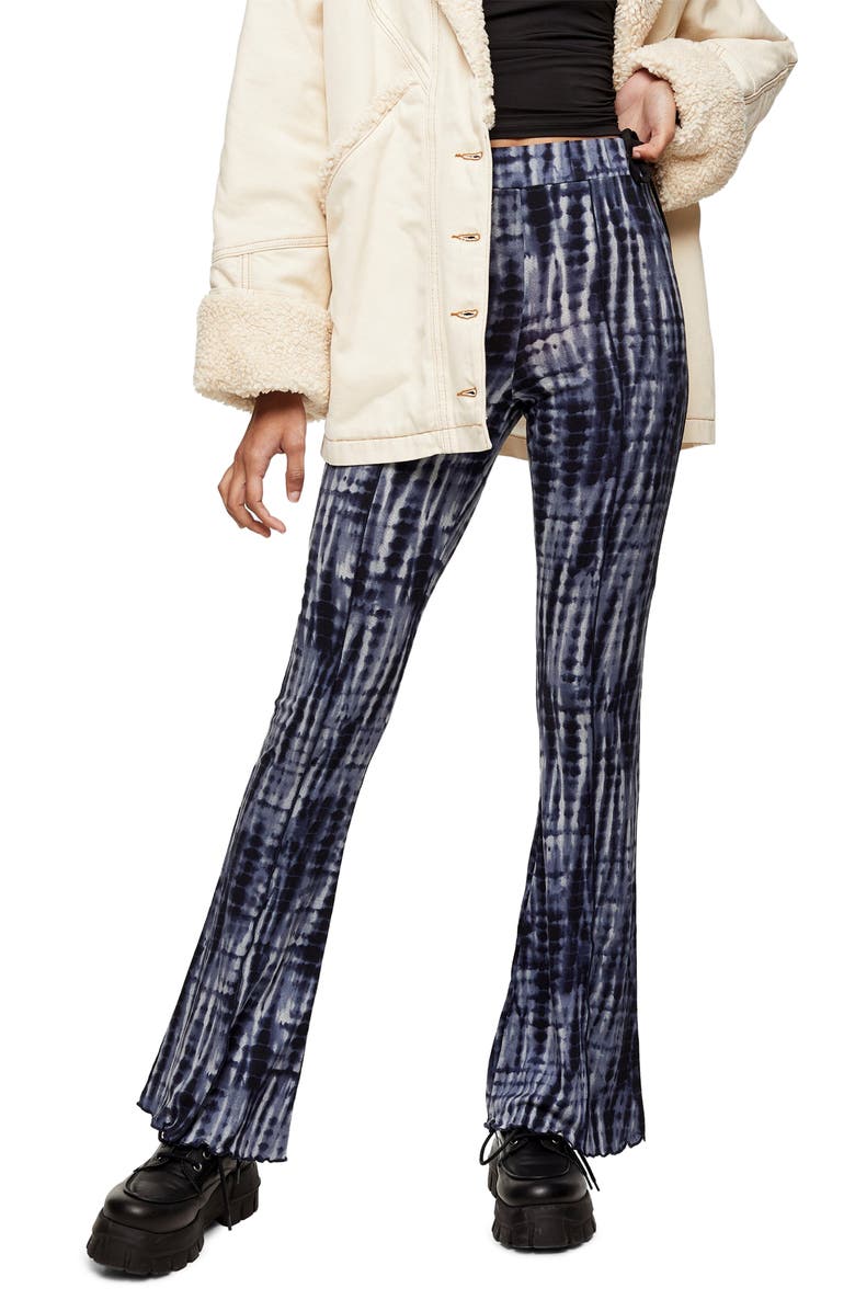 Topshop Tie Dye Lettuce Hem Flare Trousers, Main, color,