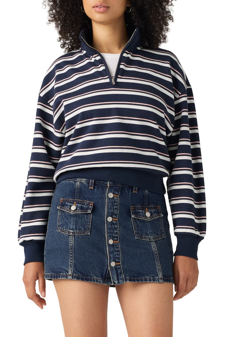 Everyday Stripe Quarter Zip Fleece Sweater, Main, color, RUBY STRIPE NAVY BLAZER