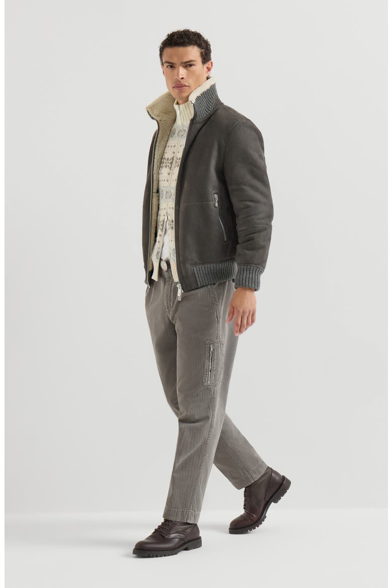 Suede curly shearling bomber jacket, Alternate, color, Grey