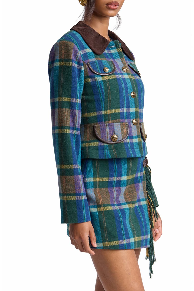 Plaid Jacket with Faux Leather Trim, Alternate, color, GREEN MULTI