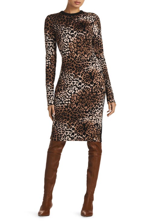 Leopard Jacquard Long Sleeve Body-Con Knit Dress