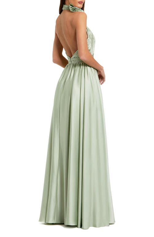Mac Duggal Rosette Halter Chiffon Evening Gown In Sage