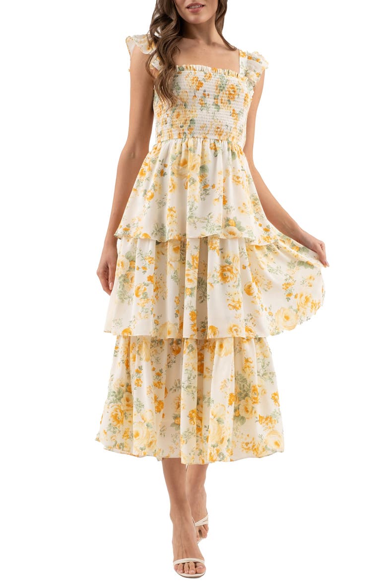 Floral Tiered Midi Dress, Main, color, YELLOW MULTI