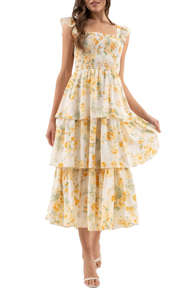 AUGUST SKY Floral Tiered Midi Dress, Main, color, Yellow Multi