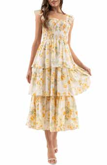 AUGUST SKY Floral Tiered Midi Dress