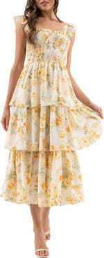 AUGUST SKY Floral Tiered Midi Dress