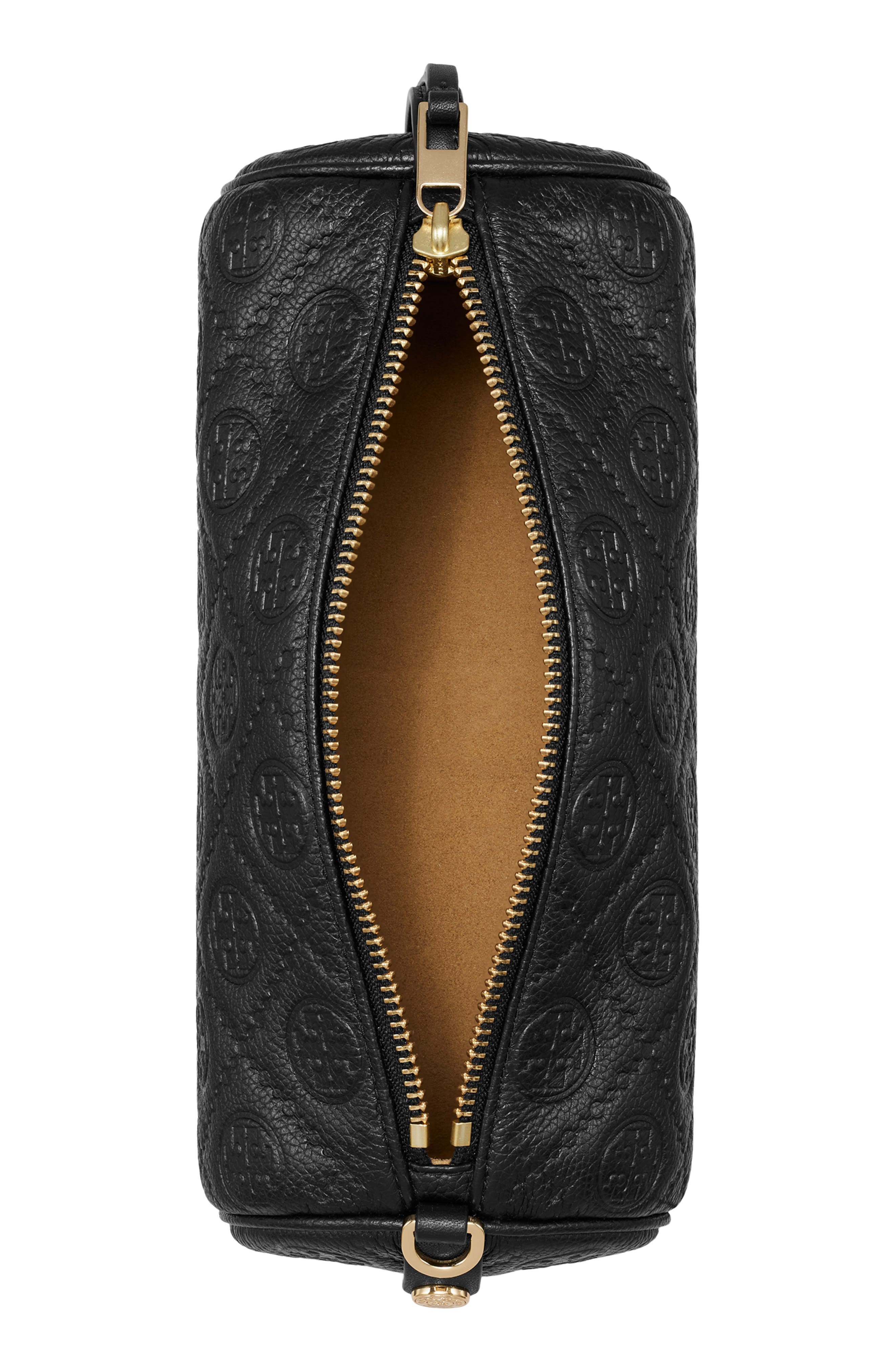 Tory Burch T Monogram Pebble Leather Cylinder Shoulder Bag, Alternate, color, Black