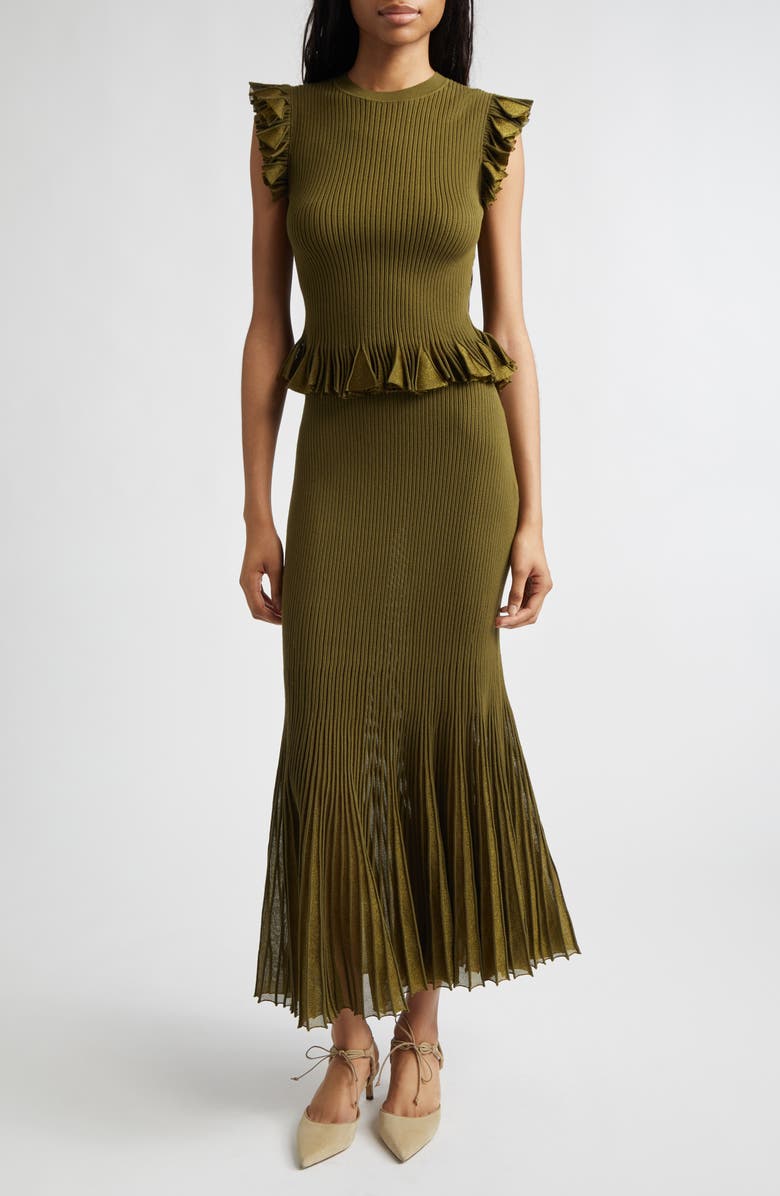 Ulla Johnson Vera Metallic Pleated Midi Skirt, Alternate, color, Olive