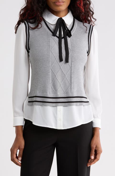 Tie Neck Twofer Sweater