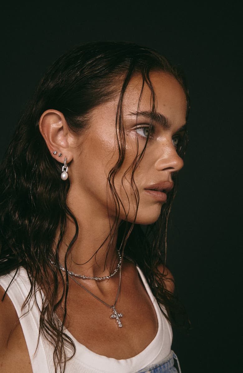 Luv AJ Amalfi Freshwater Pearl Pavé Drop Huggie Earrings, Alternate, color,