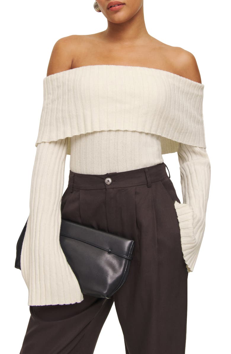 Reformation Lana Foldover Off the Shoulder Recycled Cashmere & Wool Blend Sweater, Main, color, Gossamer