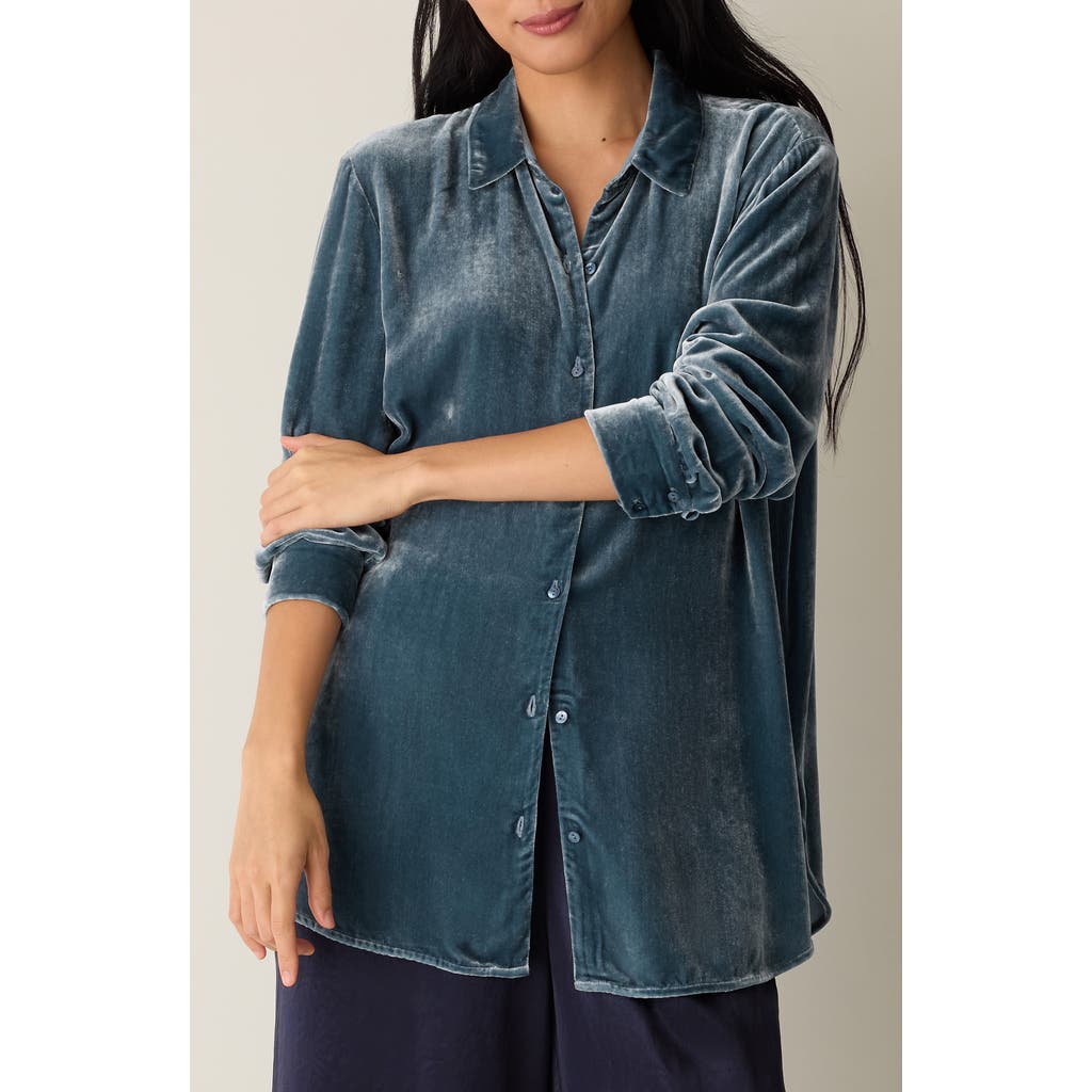 Eileen Fisher Velvet Button-up Shirt In Blue
