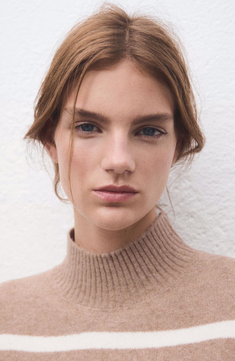 MANGO Oversize Stripe Mock Neck Sweater, Alternate, color, Light/ Pastel Beige