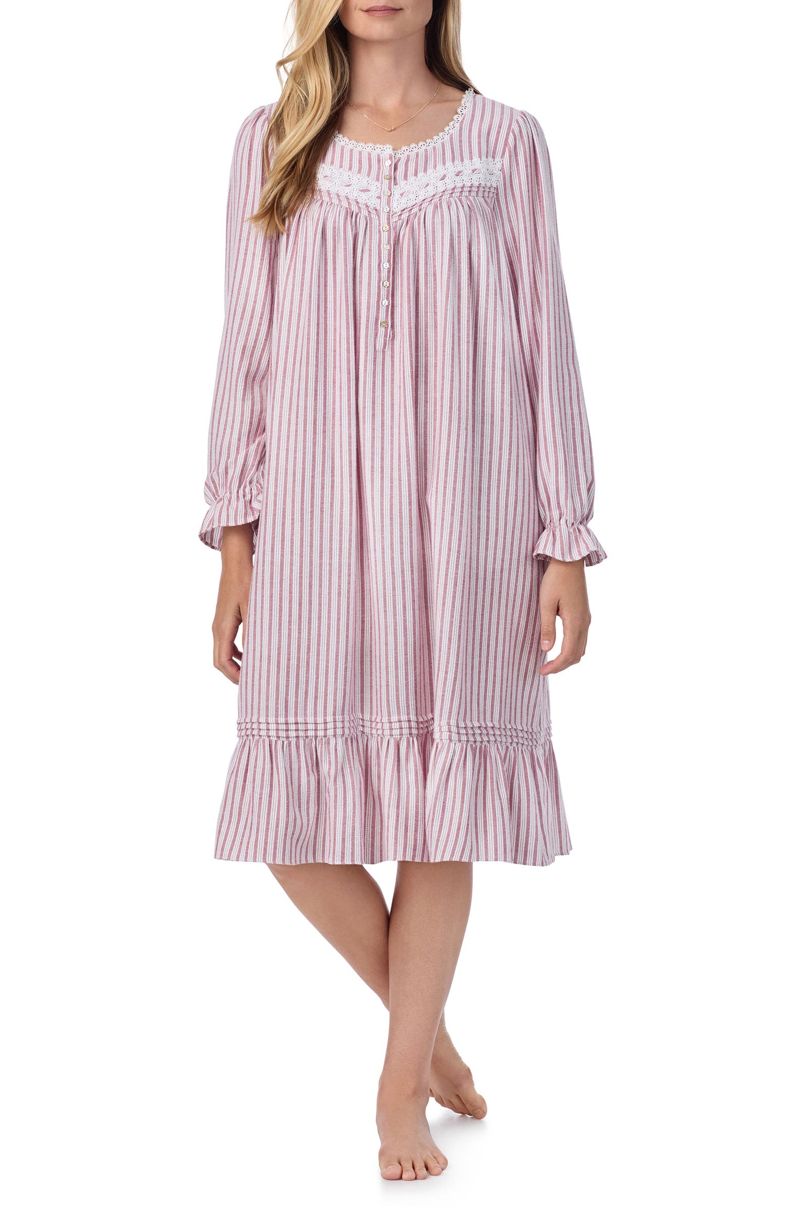 LA CERA Women's Long Sleeve Cotton Nightgown - Button Placket, Lace Detail & Side Pockets