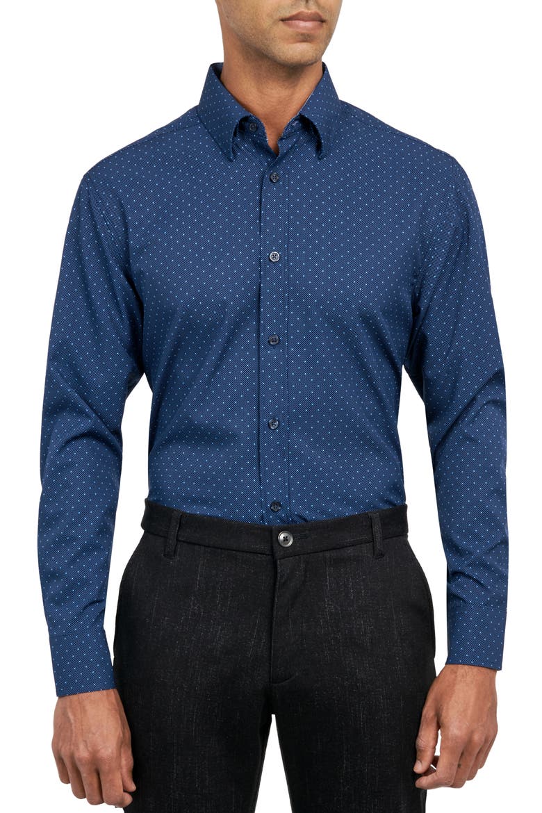 Regular Fit Dot Print Performance Stretch Dress Shirt, Main, color, NAVY