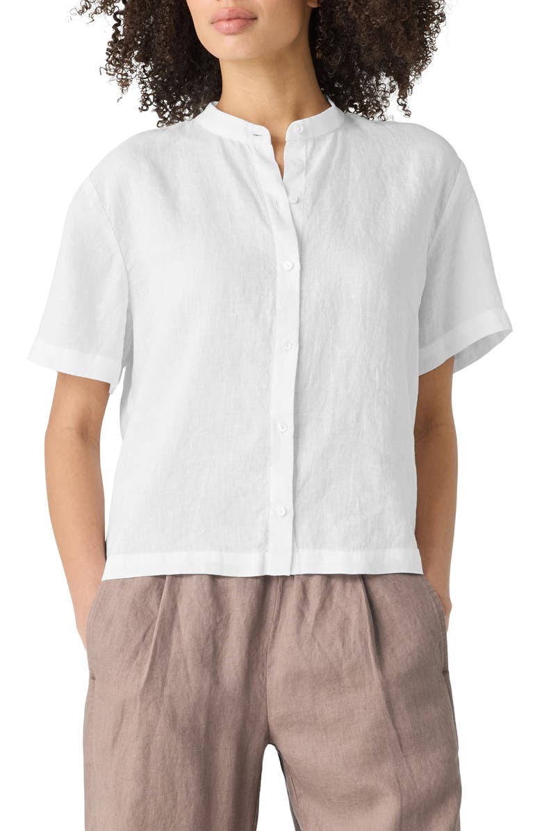 Eileen Fisher Short Sleeve Organic Linen Button-Up Shirt, Main, color, White
