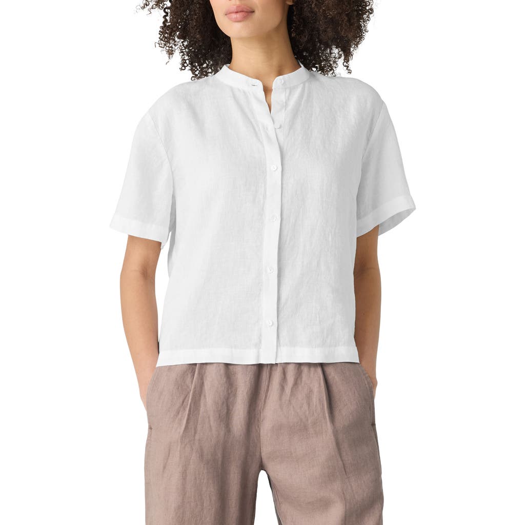 Eileen Fisher Band Collar Short Sleeve Organic Linen Button-up Shirt In White