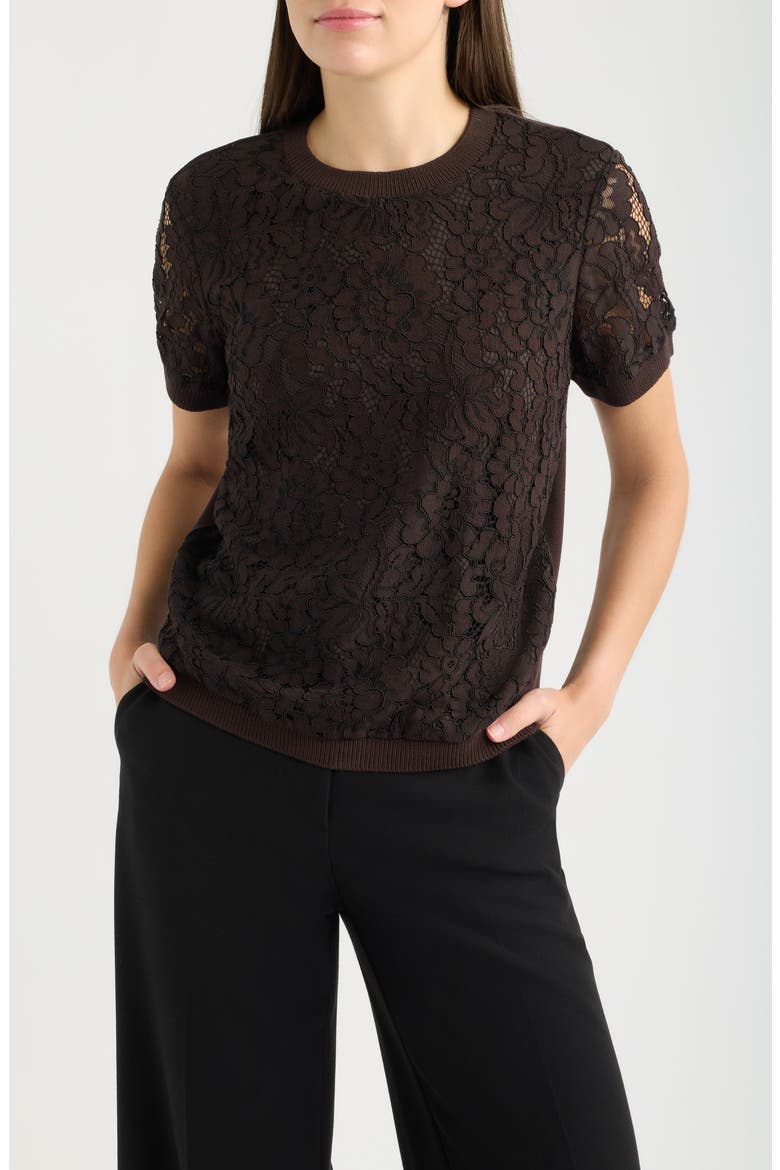 Lace Front Short Sleeve Sweater, Main, color, ESPRESSO