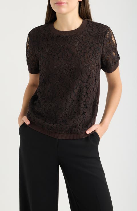 Lace Front Short Sleeve Sweater