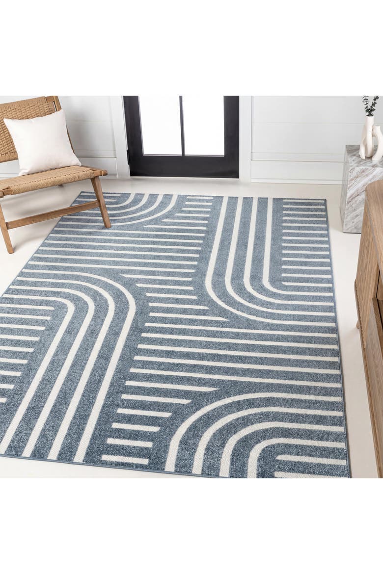 Anders High-Low MidCentury Modern Arch Stripe Two-Tone Indoor/Outdoor Area Rug, Alternate, color, Navy/Cream