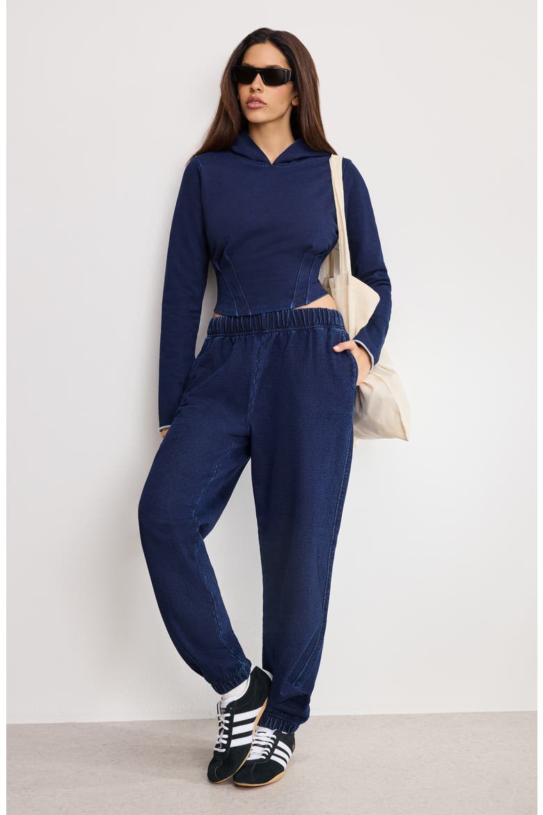 Jeanius Crop Corset French Terry Hoodie, Alternate, color, INDIGO1029