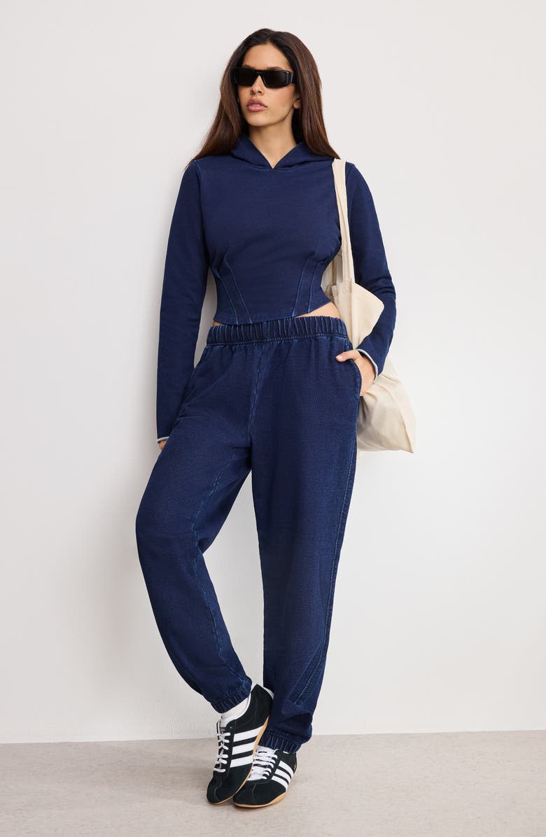 Good American Jeanius Crop Corset French Terry Hoodie, Alternate, color, Indigo1029