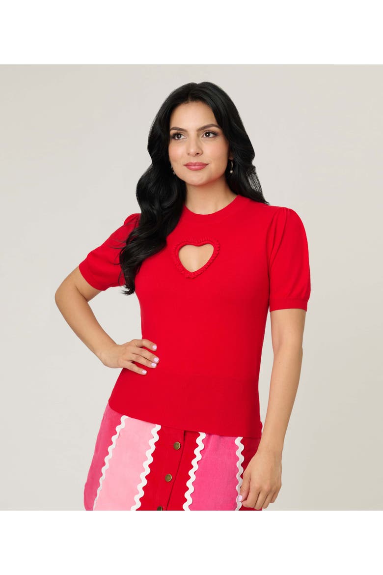 Printed Heart Cutout Knit Sweater, Main, color, Solid Red