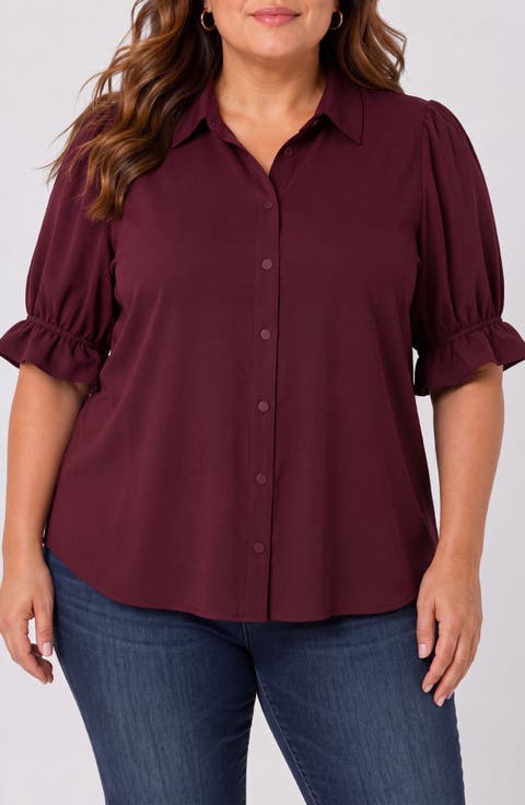 Puff Sleeve Knit Snap-Up Shirt