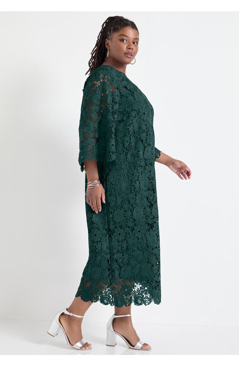 June + Vie Bell-Sleeve Lace Midi Dress, Alternate, color, Dark Pine Green